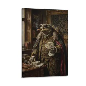 1pc Frameless Printed Canvas Art, Vintage Luxury Turtle Gentleman (Money, Cigar) , Baroque Style Wall Decor for Home/Office/Living Room, Artwork Poster