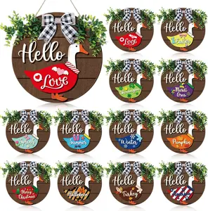 Valentine Goose Decor Gift 13Pcs Wooden Goose Sign with Interchangeable Magnet Detachable Seasonal Welcome Changeable Hello Geese Signs Rustic Farmhouse Front Door Round Wreaths Hanging Decorations for Party Porch Home Outdoor Wall Office