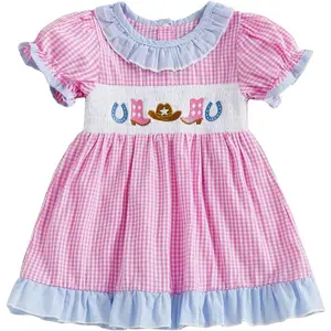 Toddler Baby Girl Dress Puff Sleeve Western Theme Embroidery Smocked Plaid Ruffle Dresses Summer Clothes Farm Outfit