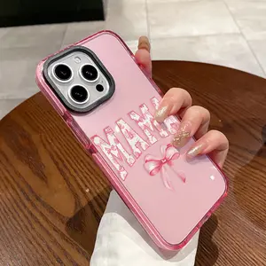 Phone Case for iPhone 16 Plus 15 Pro Max 14 13 12 11 MAMA Letter Bowknot Pattern Non-Yellowing Shockproof Soft Silicone Transparent Cover