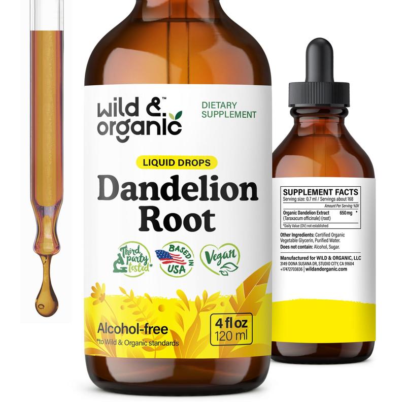 Wild & Organic's Dandelion Root Tincture - Vegan, Alcohol-Free, Sugar-Free - 650 mg Dandelion Root Extract - Liver Cleanse Support - Natural Formula - 56-Day Supply