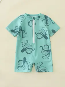 Baby Boys Whale Coconut Tree Print Short Sleeve One-Piece Swimsuit, Casual Fitted Swimwear, Dinosaur Pattern, Summer Beach Wear, Toddler Swimsuit