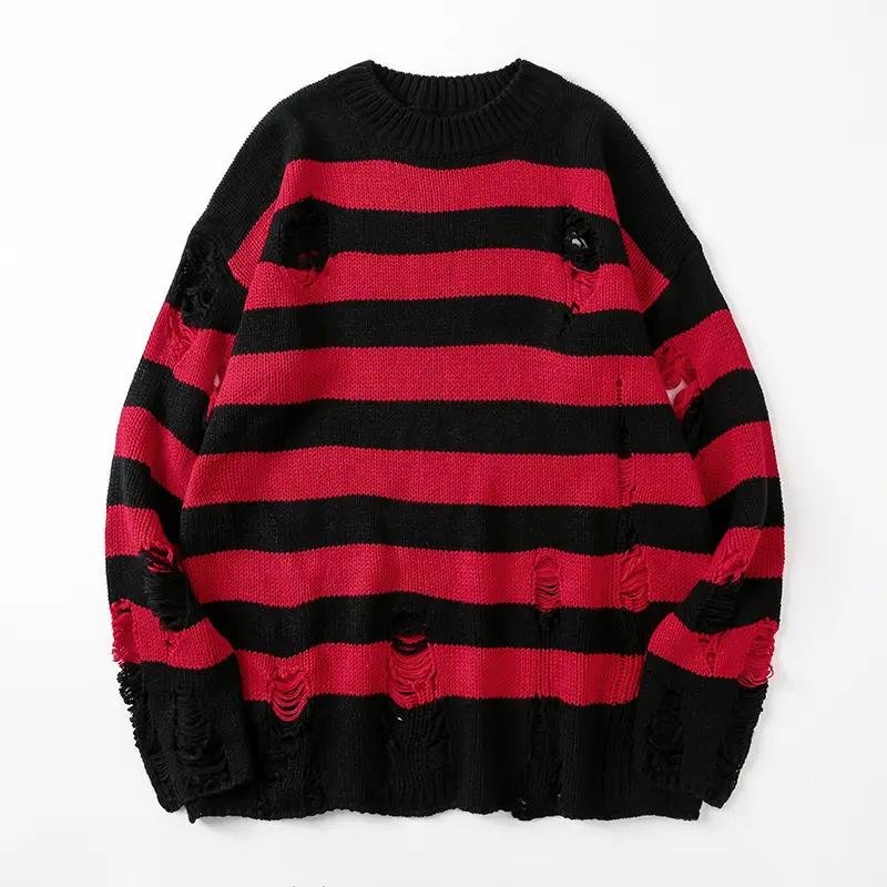 Men's Spring & Autumn Distressed Crew Neck Trendy Sweater, with hole details, made of 100% acrylic, featuring color-block design and plaid stripe pattern. Suitable for outer wear as a street-style jacket in spring and autumn.