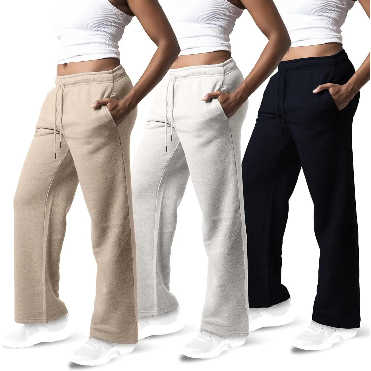Female 3-Pack High-Waisted Wide Leg Sweatpants, Elastic Waist Drawstring Workout Yoga Pants, Plus Size Clothes (2x, 3x Available), Drawstring Waist, Black / Med. Heather Grey / Olive