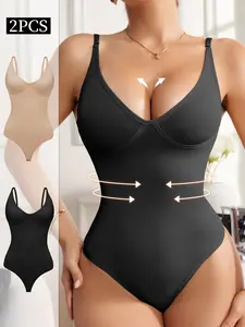 Women's Seamless Bodysuit Set, Thin Strap Design, No Steel Cup, Plain Pattern, Daily Wear Shapewear, 2 Piece Pack