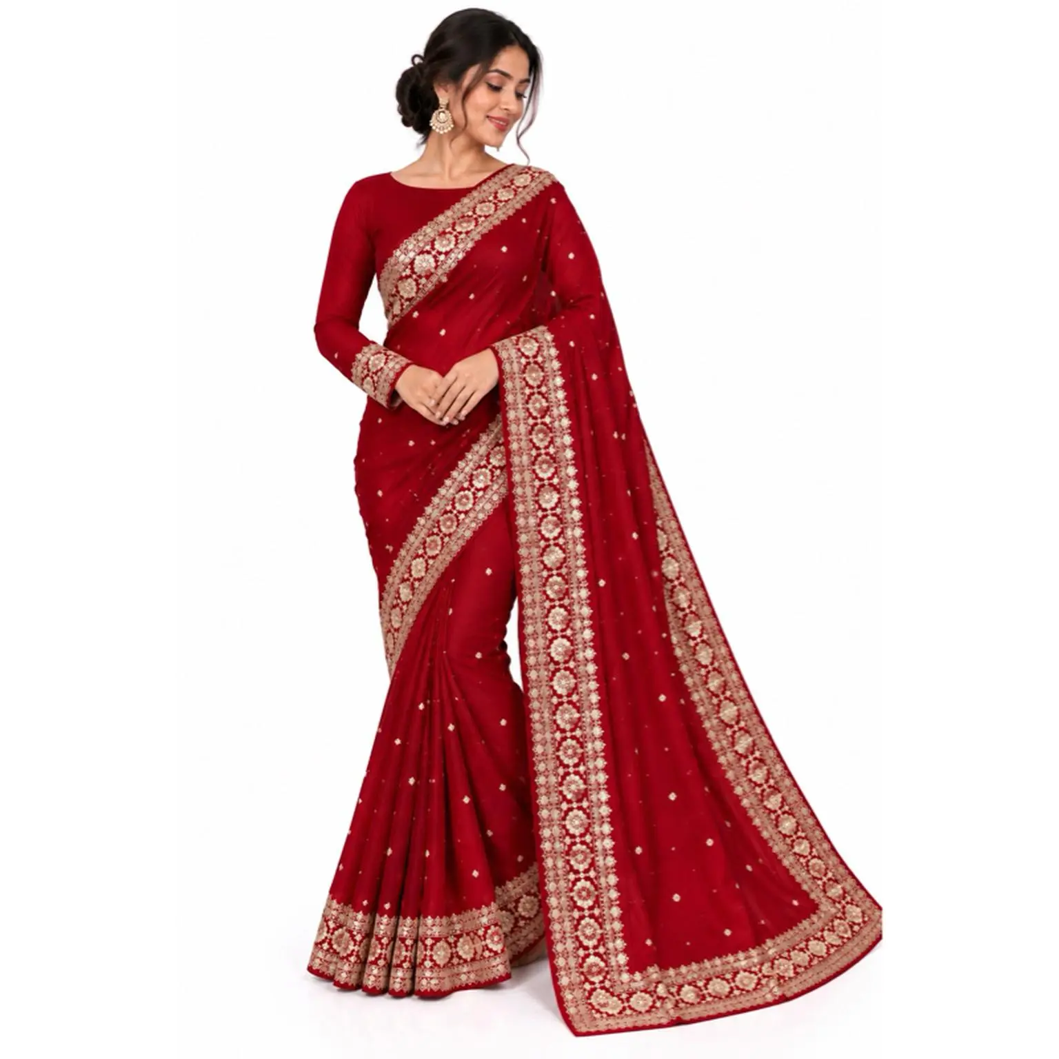 Women's Clothes Sabyasachi Inspired Premium Red Saree with Fully Stitched Blouse, Clothes for Women, Sizes 34-44