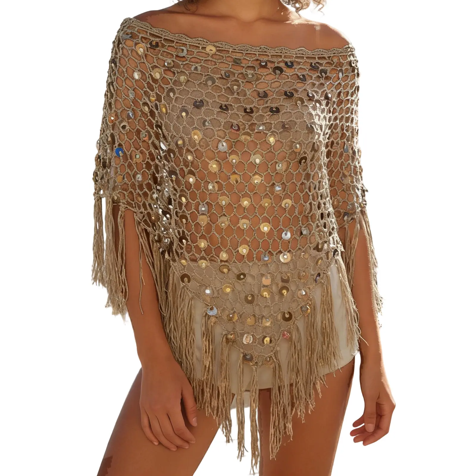 Women's Handmade Crochet Sheer Knit Poncho - Lightweight Asymmetrical Shrug Drape, Casual Pullover Shawl, Breathable Beach Cover-Up Top with Tassel, Hollow Out Polyester Women's Knitwear