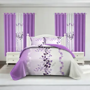 Christmas Purple Leaf Ombre Bedspread Set 9 Piece Lightweight Coverlet with Shams Pillowcases and Window Panels Reversible Fade Resistant Digital Print Bamboo Microfiber Soft Touch for Cozy Nights