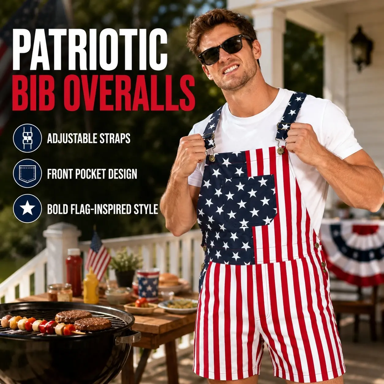 Unisex American Flag Bib Overall Shorts, Patriotic Stars and Stripes, Adjustable Straps, Perfect for Party and Festival