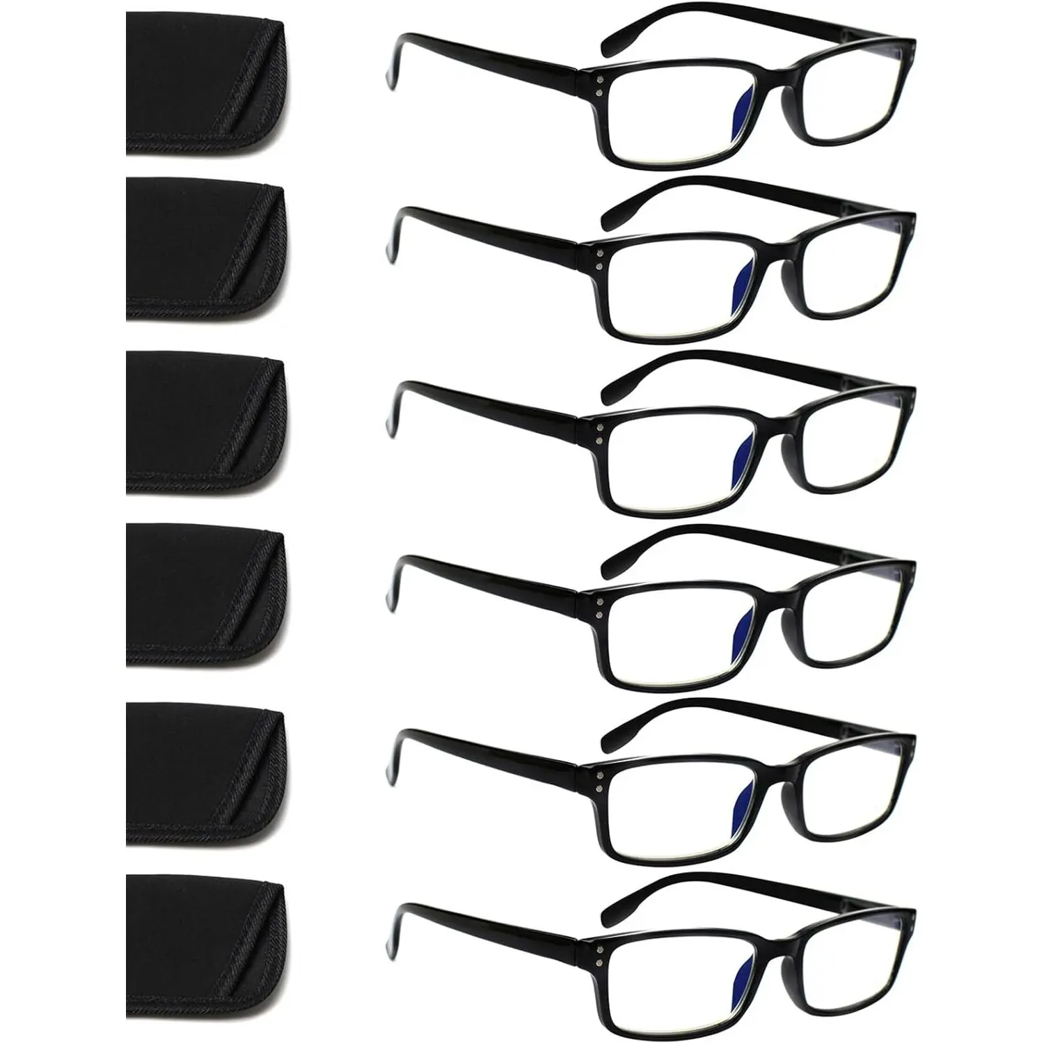 Blue Light Blocking Reading Glasses 6-Pack for Men & Women, Durable Multi-Color Rectangular Frames with Spring Hinges, Storage Bags, Glasses Cleaning Clothes, Eye Fatigue Relief & Dryness Reduction Lenses