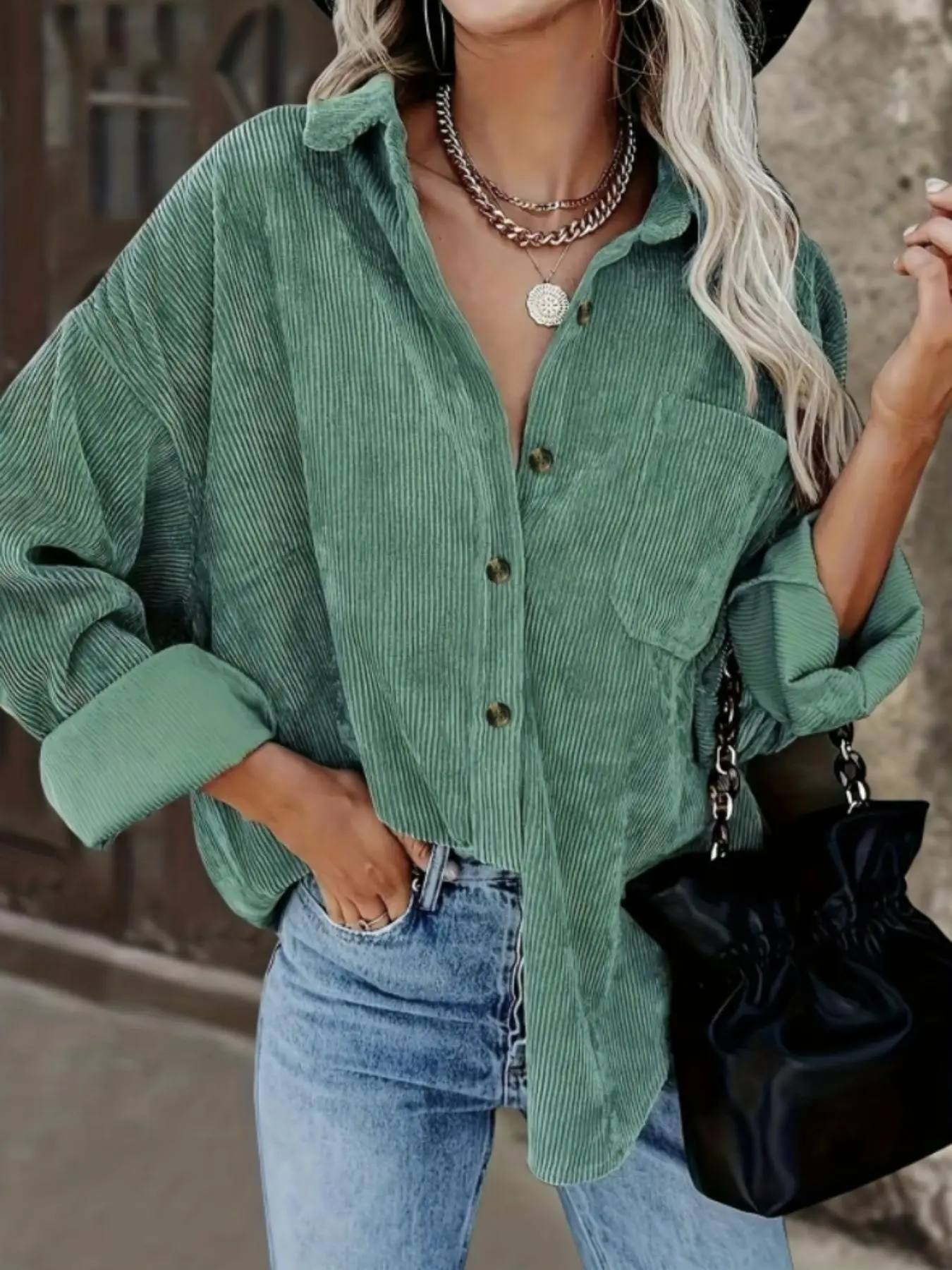 Women's Plain Pocket Button Front Corduroy Shirt, Casual Drop Shoulder Long Sleeve Top for Spring & Fall, Ladies Clothes for Daily Wear, Turquoise Gre