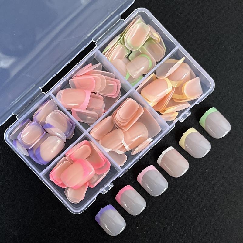 144Pcs Square Press on Nails Short - Rainbow Six Colors French Tip Design Extra Short Fake Nails Press ons, Vibrant Colors Full Cover Artificial Nails Glossy Cute Nails for Women Girls Manicure Nails Decoration and  Salon