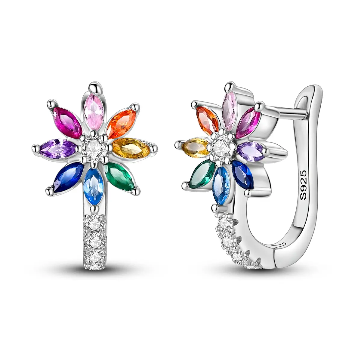 MULA Women's Rainbow 3D Flower Cluster Stud Earrings - Silver-Plated Costume Jewelry with Colored Zircon, Platinum-Plated High-Gloss Polish, Non-Tarnish Accessory, Bling Effect, Bedazzling Style, Exquisite Gift, Jewelry for Women, Non Tarnish Jewelry
