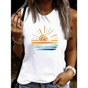 Women's Round Neck Sleeveless Summer Sun Pattern Casual Versatile Tank Top