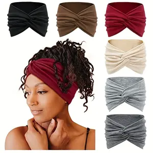 2024 Women's Stretchable Knit Polyester Headband 6-Pc Set - Solid & Stylish Hair Bands for Yoga, Sports, and Fashion