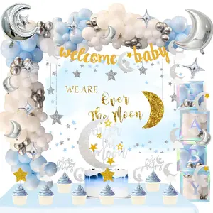 154 Pcs Over The Moon Baby Shower DecorationsWe Are Over The Moon Baby Shower Decorations Backdrop Balloon Garland Glitter Banner Cake Cupcake Topper Boxes Cutout Starry Night Galaxy Sliver
