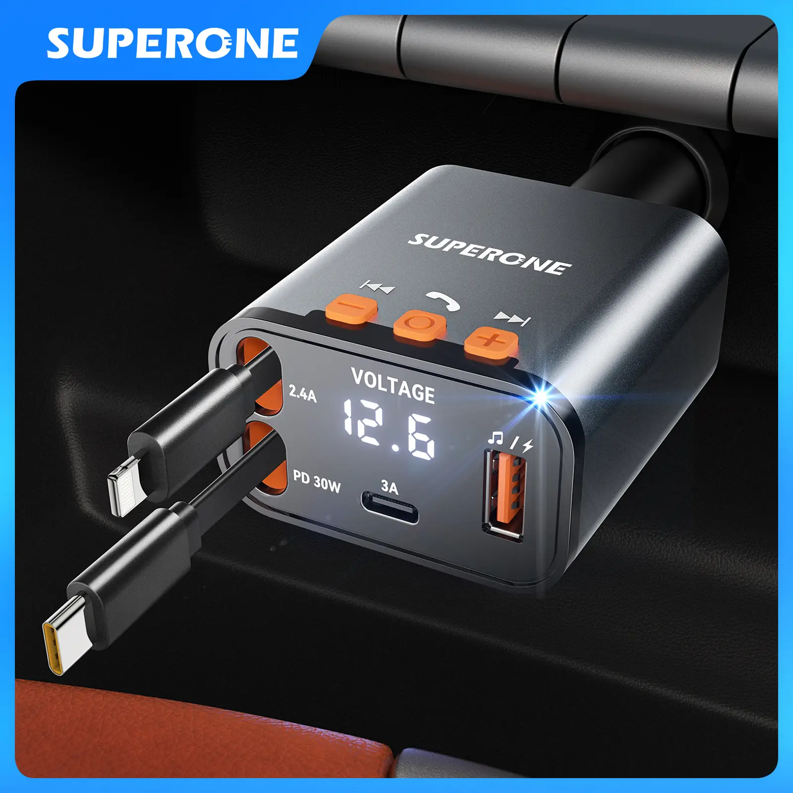 Bluetooth 5.3 Car Adapter with Retractable car charger 69W FM Transmitter Radio Receiver Handsfree Calling Audio Receiver MP3 Music Player Support USB