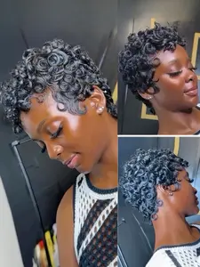 Human Hair Curly Wave Wig Pixie Cut Wig for Women Halloween Wig Full Machine Made Wig 150% Density 6 Inch Kinky Curly Wig Glueless Human Hair Curly Hair Wigs