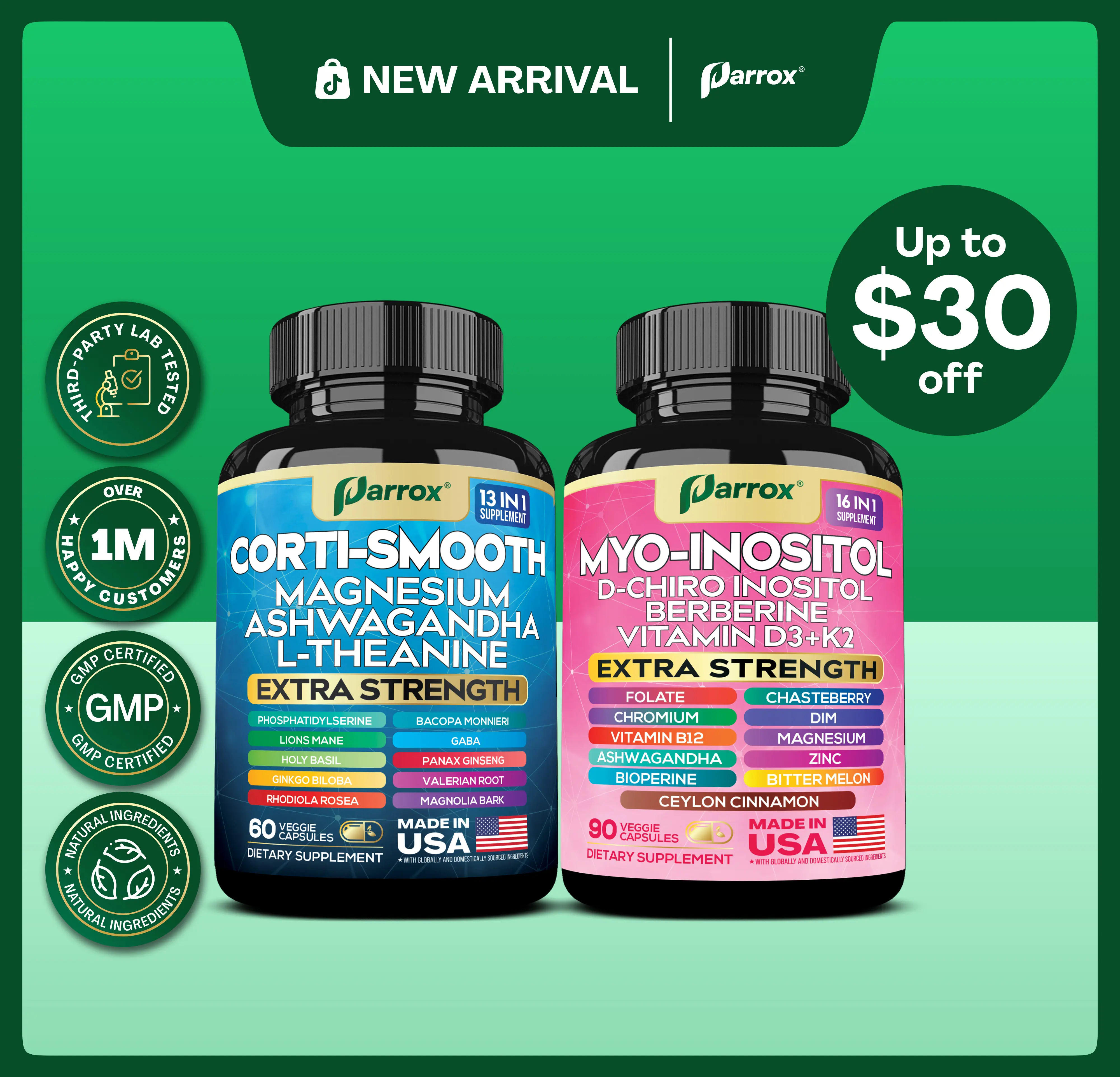 PARROX Soothe & Smooth Bundle - Cortisol and Myo-Inositol All-in-One Supplement - Multivitamin Combo with Extra Strength Ingredients - MADE IN USA
