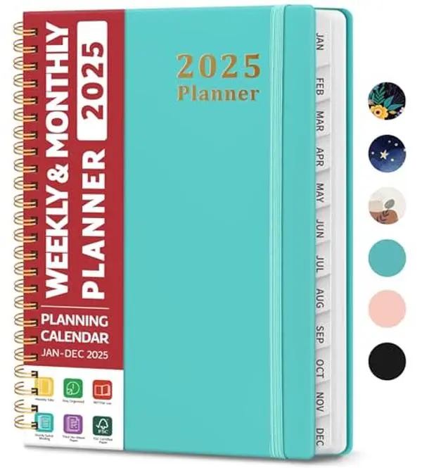 2025 Planner - Weekly and Monthly Planner Spiral Bound, January 2025 - December 2025, Hardcover 2025 Calendar Planner Book with Tabs, Inner Pocket, Perfect for Office Home School Supplies - A5 (6.3" x 8.5"), Aquamarine