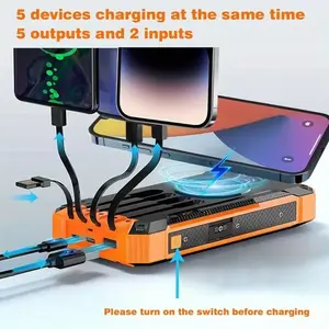 2026 New Solar Mobile Power Bank Wireless Charger 50000mAh Built-in 4 Cables Six Outputs 15W Fast Charging Mobile Power Bank Suitable For All Mobile Devices Three Inputs With Dual Flashlights Solar Portable Charger, The Best Gift For Festival