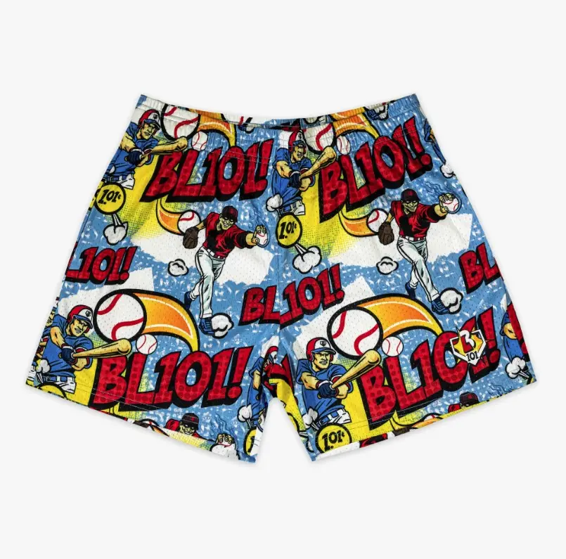 BL_101 - Comic Baseball T-Shirt & Shorts Set – Blue Graphic Tee and All Over Print Sports Shorts, Fun Retro Cartoon Casual Outfit