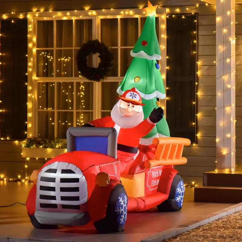 HOMCOM 7.5ft Cloth Christmas Inflatable Santa Driving Fire Truck, 5.75ft Tall, 94.5in W x 35.5in D x 88.5in H, LED Outdoor Decorative Lights, Water-Resistant Light Up Christmas Decor, 8 Plastic Ground Stakes, Tree-Included Party Decoration Home Supply
