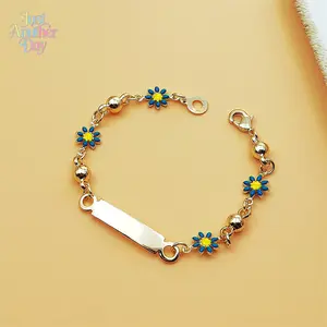Blue Daisy Enamel Gold Bracelet with Customizable Engravable Bar Cute Floral Design with Gold Beads Lobster Clasp for Secure Wear Perfect for Kids and Women Delicate and Dainty Accessory Ideal Gift for Birthdays and Daily Wear Lightweight and Durable