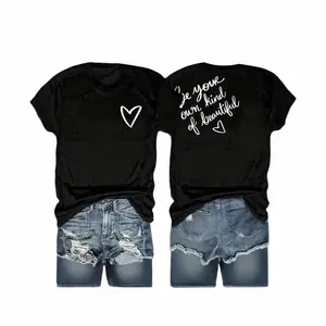 Soft Print T-Shirt - Be Your Own Kind of Beautiful Women's Casual Round Neck Short Sleeve Top Machine Washable Perfect for Vacation Summer White Love Womenswear Printed Tshirt