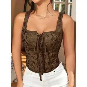 Vintage Floral Embroidery Square Neck Tie Front Boned Overbust Corset Shapewear Crop Cami Top Music Festival