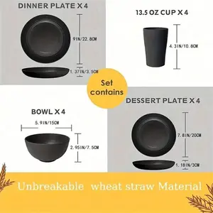 32pcs Wheat Straw Plastic Tableware Set, Serves 8 People, Includes Plates, Dessert Plates, Cereal Bowls, Cups, Unbreakable Colorful Plastic Outdoor Camping Dinnerware, Black Cutlery