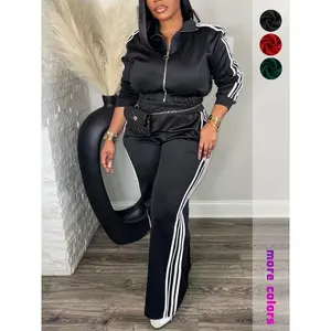 Plus-size two-piece women’s sports set — zip-up long-sleeve jacket and high-waisted pants, casual streetwear set, solid-color sports set GARMENTARY