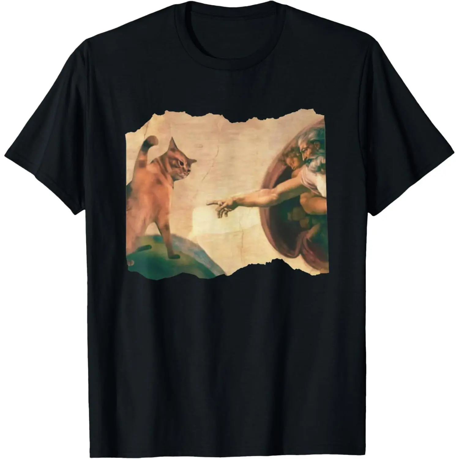Funny Cat Parody T-Shirt with 'The Divine Swipe' Graphic, Menswear Loose Fit Cotton Short Sleeve Crewneck Tee, Shortsleeve, Tshirt, Casual, Top, Soft, Breathable, Round Neck, Classic, Fabric, Humorous Tee, Multi-Size, Parody Print