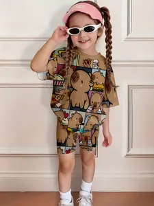 Loose Fit Crop Top with Full Cartoon Print, Short Sleeve H-Type Design, Natural Waist Shorts, Casual for Babies, Graphic Print Top