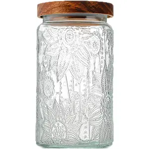 ANSQU Sunflower Jar with Airtight Wooden Lid for Kitchen Counter, Pantry, Coffee, Tea, Sugar, Cookie Jars Round-Sunflower ANSQU Bottles Lightweight Transparent Glass Container