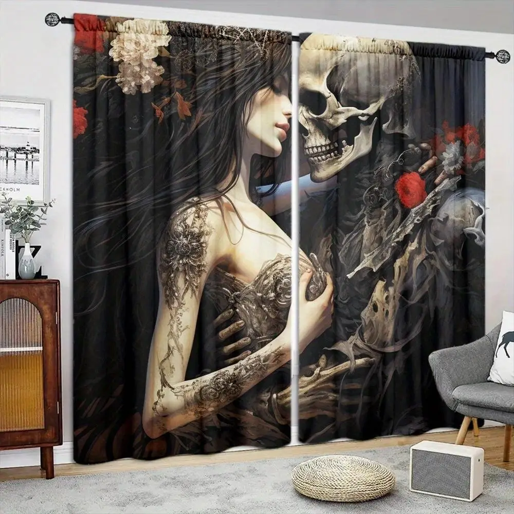 Couple Skull Pattern Curtain for Room Decor, 2 Counts Boho Style Curtain, Window Drapes for Home Decor, Home Decor Supplies for Bedroom, Living Room,
