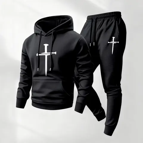 Men's Christian Printed 2-Piece Workout Set - Loose-Fitting Breathable Polyester Hoodie & Pants, Drawstring Waist, Long Sleeve Hooded Top (Layers Over Tees), Breathable Activewear Fitness Clothes for Indoor-Outdoor Use, Machine Washable