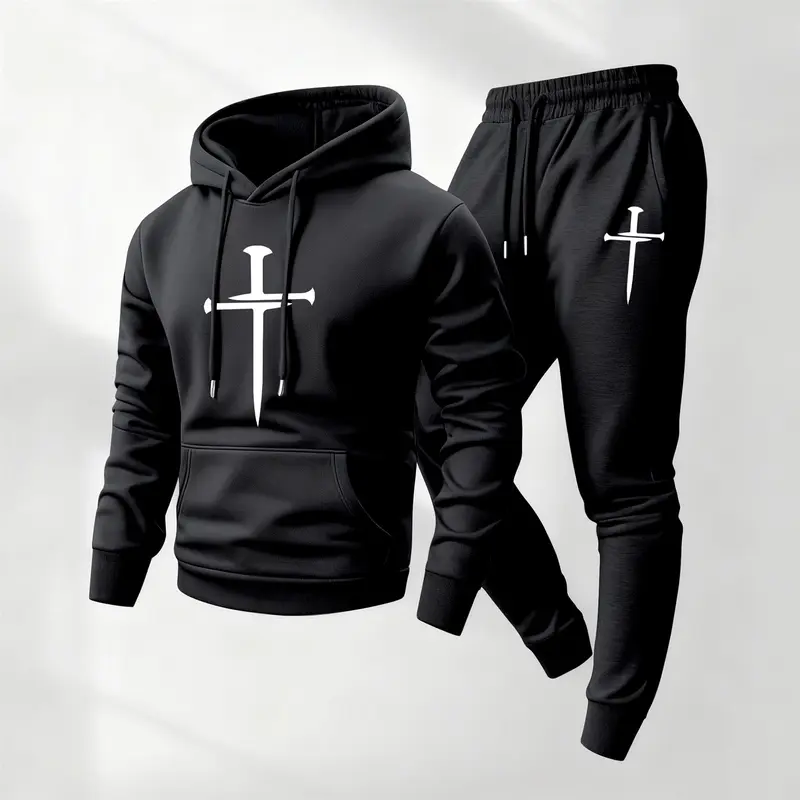 Men's Christian Printed 2-Piece Workout Set - Loose-Fitting Breathable Polyester Hoodie & Pants, Drawstring Waist, Long Sleeve Hooded Top (Layers Over Tees), Breathable Activewear Fitness Clothes for Indoor-Outdoor Use, Machine Washable