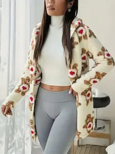 Women's Comfortable Fleece Hooded Jacket, Winter Loose Teddy Parka, Side Zip Pocket, Casual Long Sleeve, Fall & Winter Fashion, Outerwear Coats Animal, Casual Cute Outerwear, Zipper Pocket Jacket