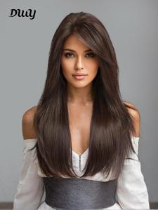 24 inch long hair layered straight wigs for women, glueless frontal wig, natural looking wigs with side-swept bangs, synthetic lace front wigs for party photography, daily use, mother's day gifts, gift set for mothers,   synthetic wavy wig, snug fit wig