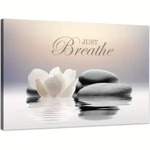 [Hanging Art]2D Flat, 1pc Zen Stone Canvas Wall Art Featuring The Yoga Saying 'Just Breathe', a Framed Motivational wall art Suitable for Spas, Bathrooms, And Meditation Areas, Showcasing a Modern White Lotus Flower Design for a Peaceful Home Ambiance