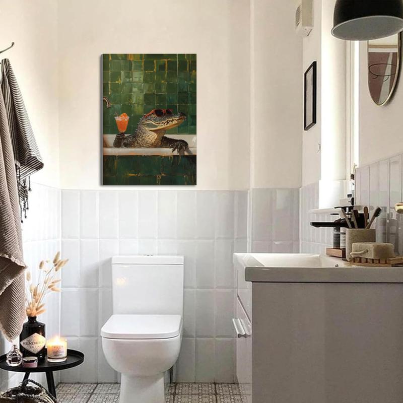 Wall Art, Fashion Poster, Crocodile Taking a Bath and Drinking Red Wine Art Print, Abstract Humorous Animal Canvas Painting, Unique and Creative Wall Aesthetic Decoration, Perfect Decoration for Living Room and Bedroom