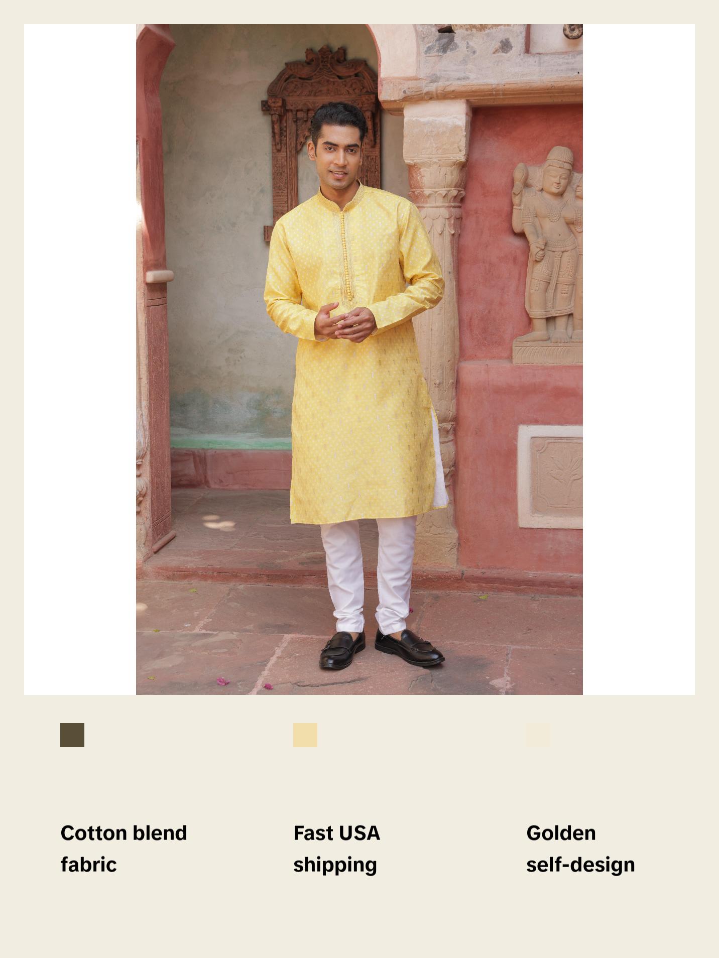 Men Elegant Yellow Kurta Set - Traditional Indian Wear - Festival and Wedding wear