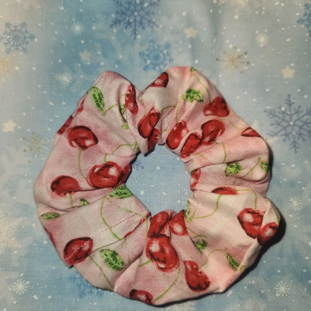 Cherry Print Scrunchie - Pink Fabric with Red Cherries for Hair Styling