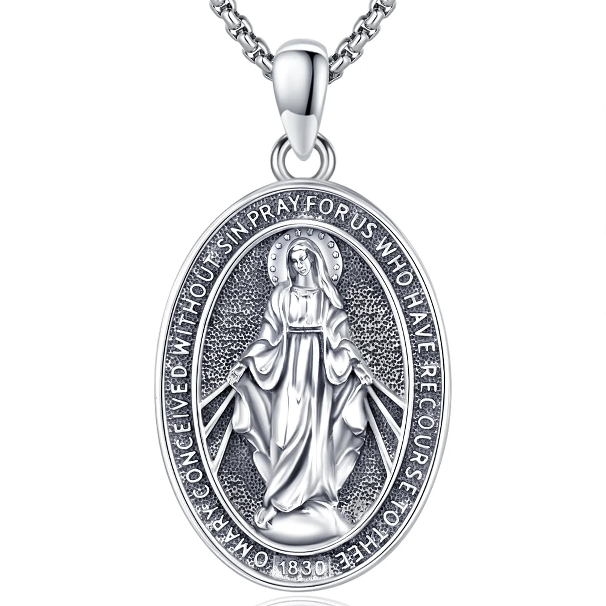 DRINSPER 925 Stamped Sterling Silver Female Faith Pendant Necklace - Detailed Virgin Mary Miraculous Medal, Vintage Religious Amulet Chain, Sentimental Gift for Women, Detailed Pendant, Pendant Chain