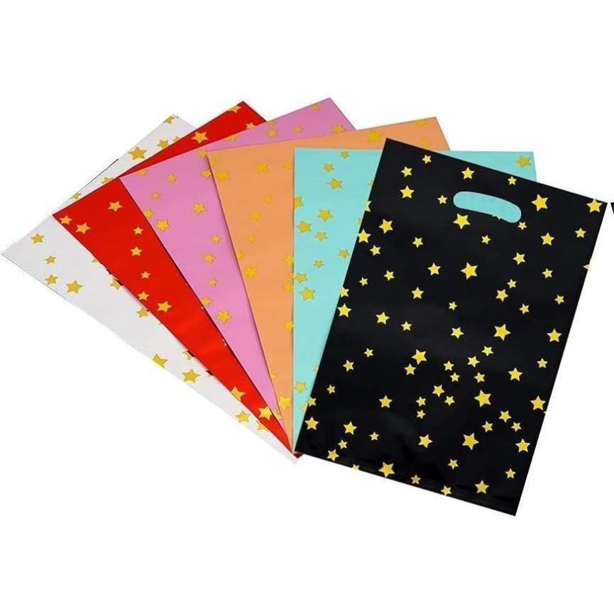 48 pieces of thicker gift bags with handles, plastic party candy bags with sparkling stars, suitable for all kinds of holiday parties