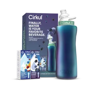 Cirkul 32oz. Chameleon Stainless Steel Water Bottle Starter Kit with Blue Lid, 2 Flavor Cartridges (1 LifeSip Blackberry Blueberry and 1 GoSip Berry Blue Punch), Zero Calories and No Sugar