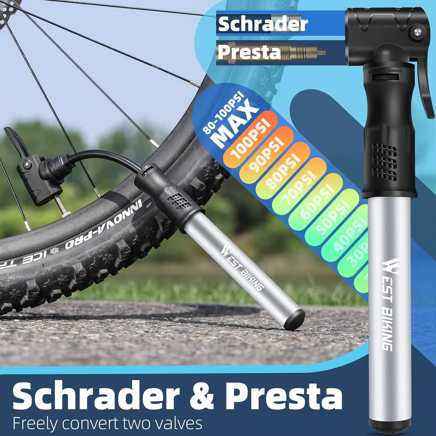 WEST BIKING Bicycle Pump Mini Bike Pump - Aluminum Alloy Cycle Pump for Presta & Schrader Valve, Portable Lightweight Bike Tyre Pump Fast Tyre Inflation Mini Air Pump for Mountain Road Bike Ball Pump Tire