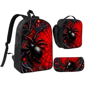 2D Printed Pattern, 3pcs Set, Fourth-generation Upgraded Classic Creative Spider Print Design, Unisex, Simple Collegiate Style for Outings, Fashionable and Trendy for Daily Commuting, Practical Adjustable Shoulder Strap kid Backpack