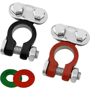 Universal 1Pair Positive Negative Battery Terminal Set, Brass Cables Terminal Connectors Kit with 2 Washers, Top Post Terminals Clamp Set, for Cars RV Boat (Silver)